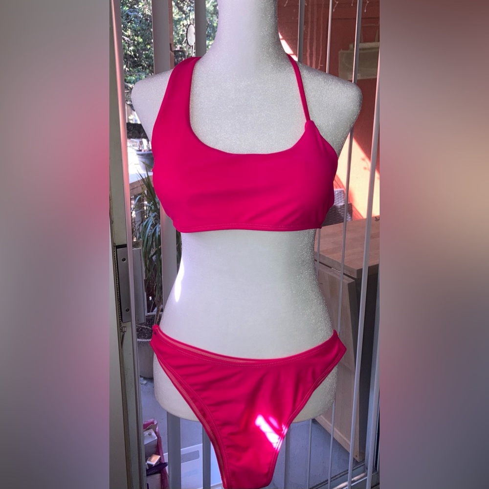 SHEIN 2Piece Frenchi Asymmetrical Top Hot Pink Bikini Set Hi Wasted Swimwear Lg
